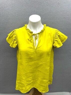 Marc New York Women's Yellow Linen Ruffle Cap Sleeve Tie Neck Top Size M Beach